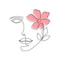 One line woman face with flower and leaves. Continuous line drawing of girl face and flower. Beauty industry concept.